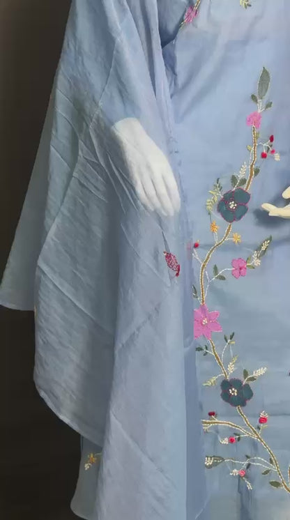 Sky Blue Hand-Painted Pure Mul Chanderi Suit Set