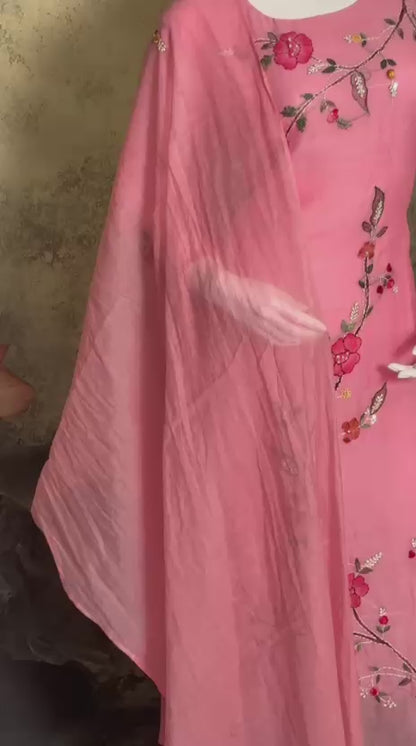 Blush Petal – Pure Mul Chanderi Hand-Painted 3-Piece Suit
