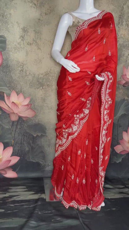 Scarlet Red Pure Crepe Saree with Intricate Hand Embroidery