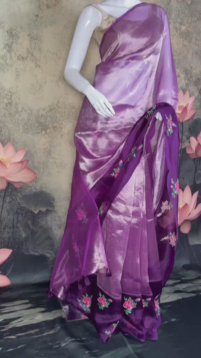 Rose Plum Tissue Silk Saree with Kora Border & Handworked Petit Point Embroidery