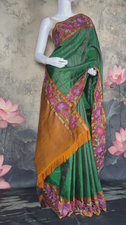Emerald Green kanchipattu Silk saree with hand embroidered Floral Border