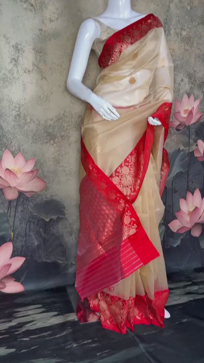 Pure Kora Silk Saree with Rich Katan Border – Handwoven Banarasi Elegance
