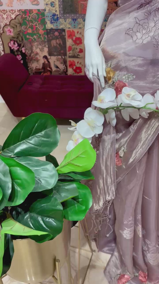 PURE TISSUE SILK SAREE WITH APPLIQUE WORK AND EMBROIDERY WORK