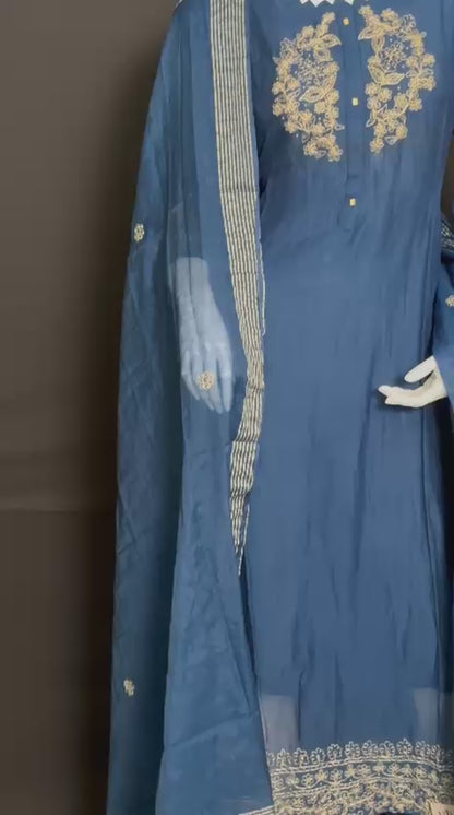 Sapphire Elegance – Pure Mul Chanderi Handcrafted Ensemble