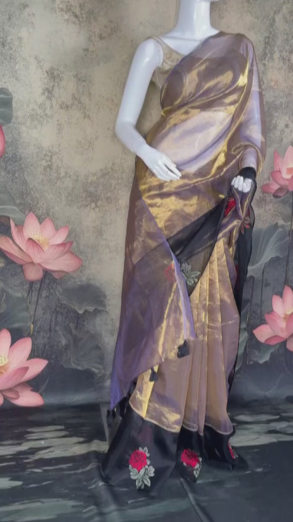 Pure Tissue Silk Saree with Kora Border & Petit Point Embroidery & Red Rose Motifs