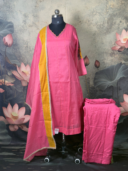 Pink MulChanderi Hand Appliqué Suit Set – 3 Piece