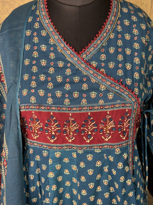 Blue Handloom Cotton Anarkali Suit Set with Dupatta – 3 Piece