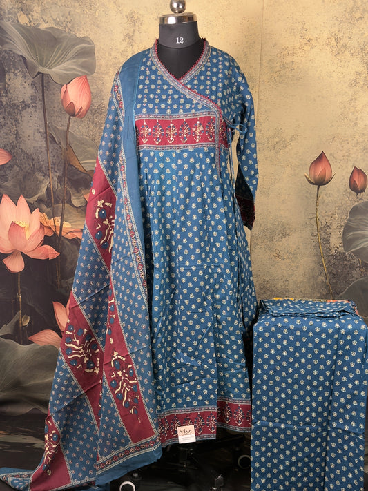 Blue Handloom Cotton Anarkali Suit Set with Dupatta – 3 Piece