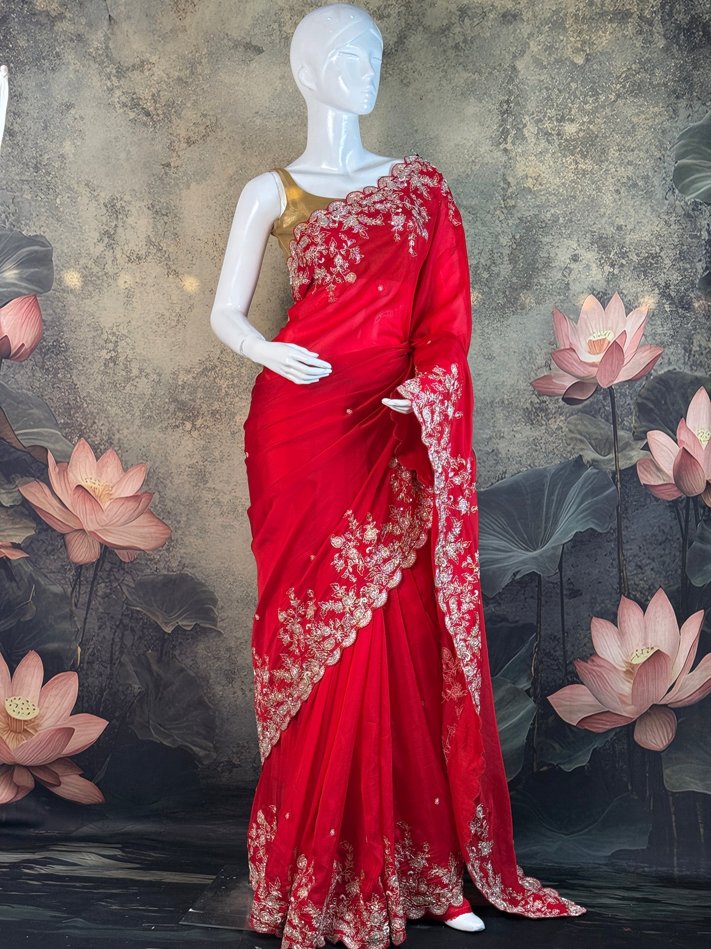 Pure Crepe Silk Red Saree with Zardozi Embroidery – Bridal & Festive Wear
