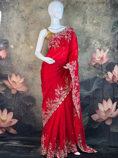 Pure Crepe Silk Red Saree with Zardozi Embroidery – Bridal & Festive Wear