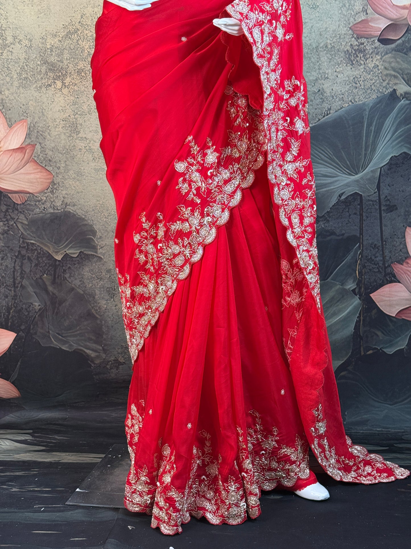 Pure Crepe Silk Red Saree with Zardozi Embroidery – Bridal & Festive Wear