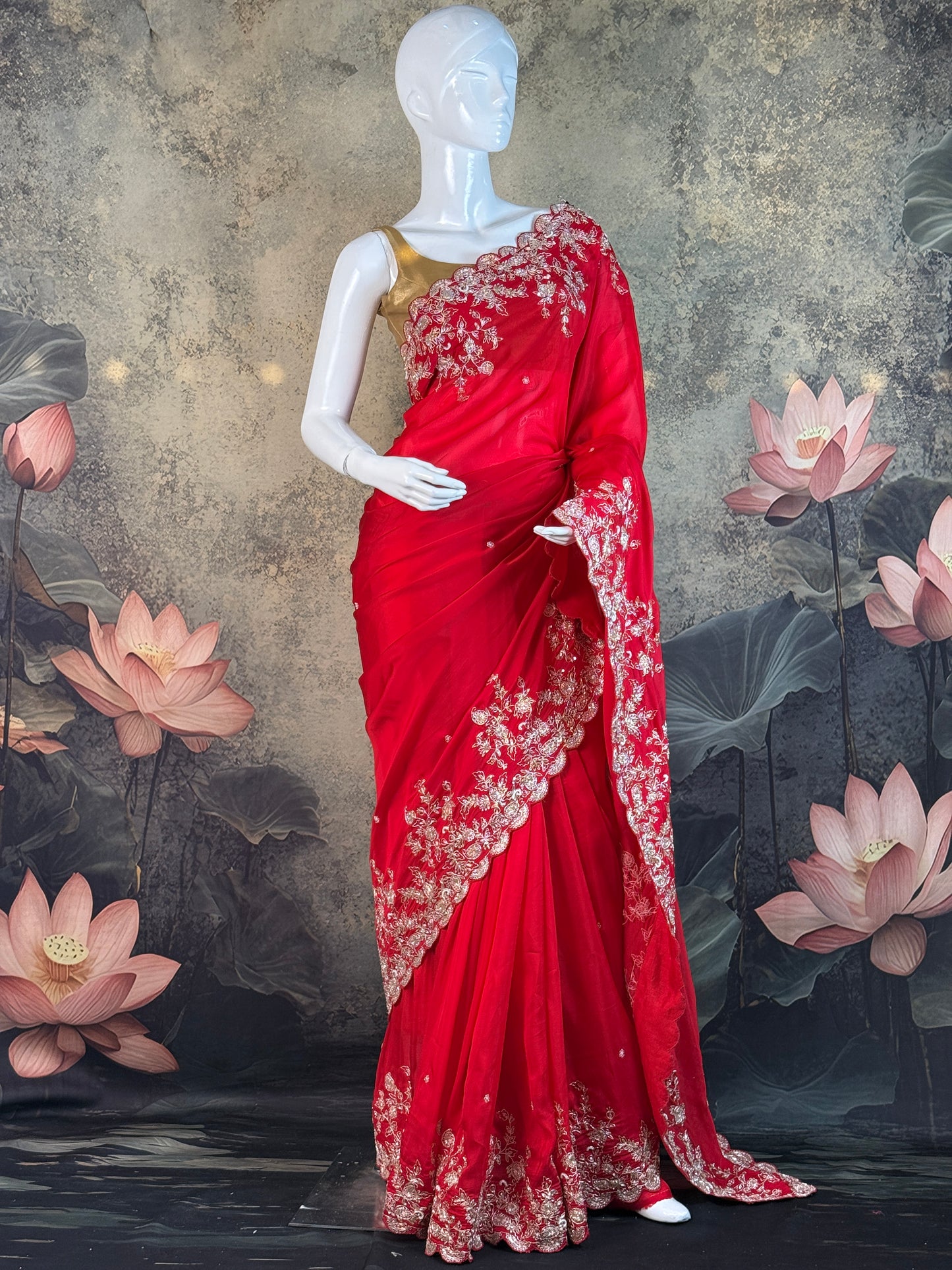 Pure Crepe Silk Red Saree with Zardozi Embroidery – Bridal & Festive Wear