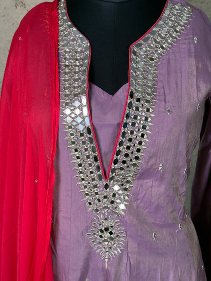 Lavender Pure Silk Handwork Anarkali Suit Set – 3 Piece