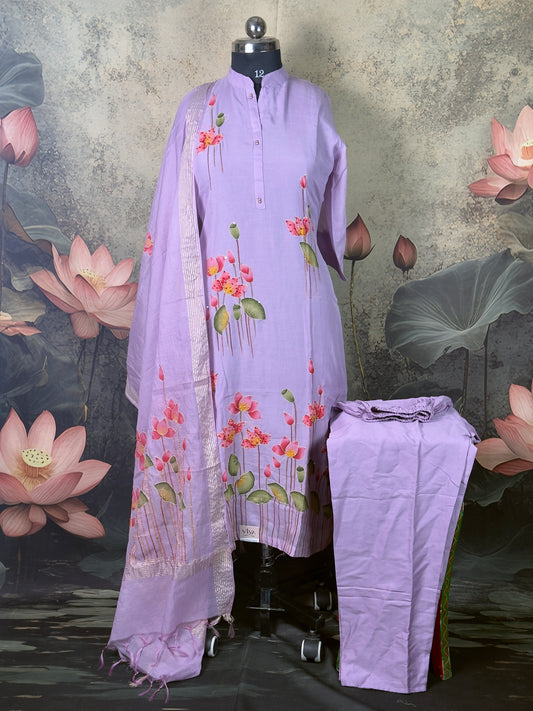 Lavender Mulmul Chanderi Handpaint & Handwork Kurta Set – 3 Piece