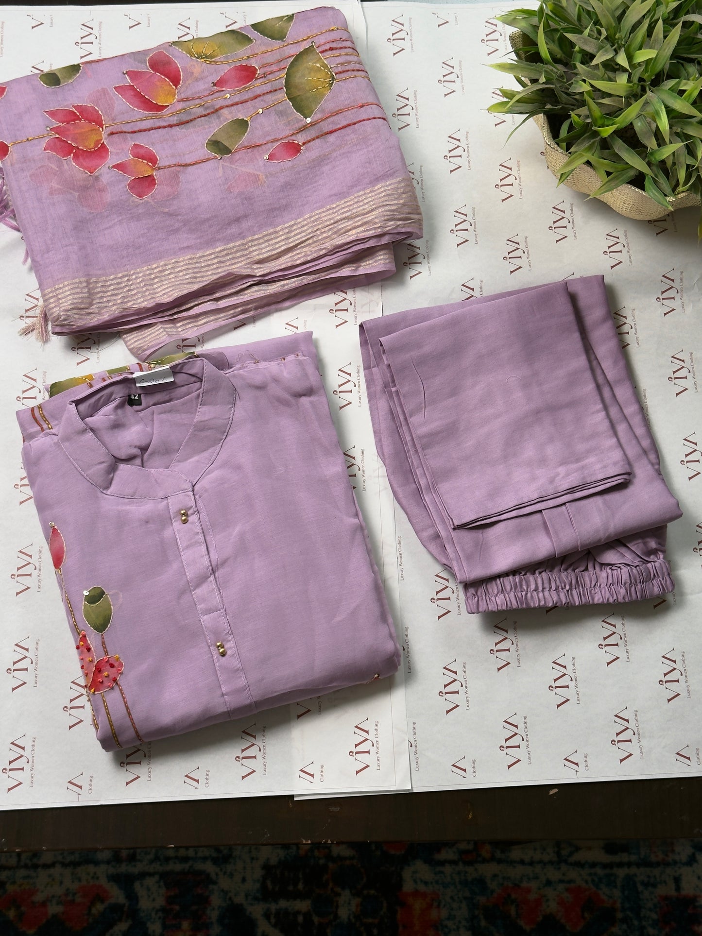 Lavender Mulmul Chanderi Handpaint & Handwork Kurta Set – 3 Piece