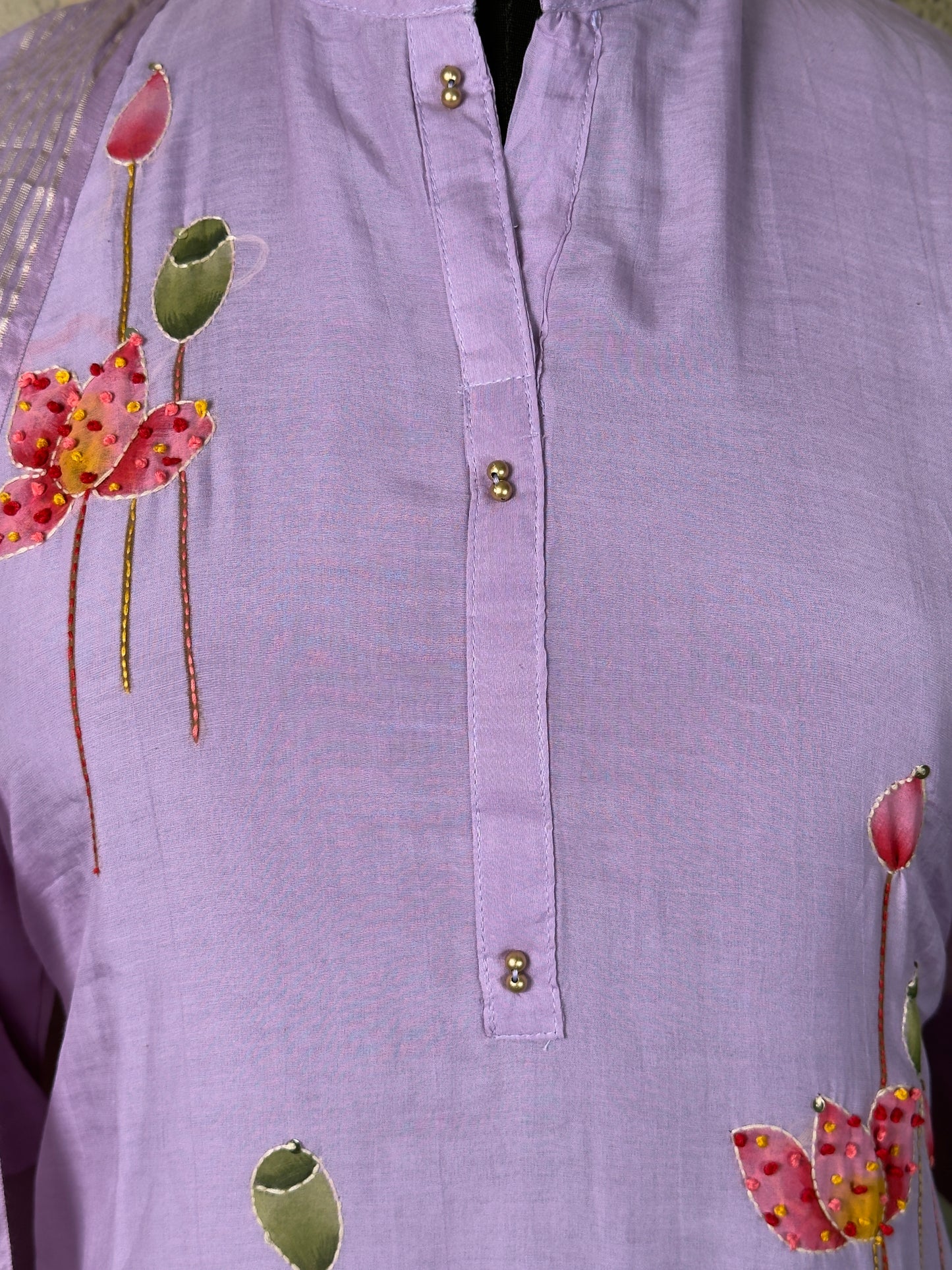 Lavender Mulmul Chanderi Handpaint & Handwork Kurta Set – 3 Piece