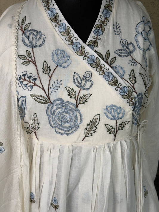 White Pure Mulcotton with allover embroidery Handwork Anarkali Suit – 3 Piece Set