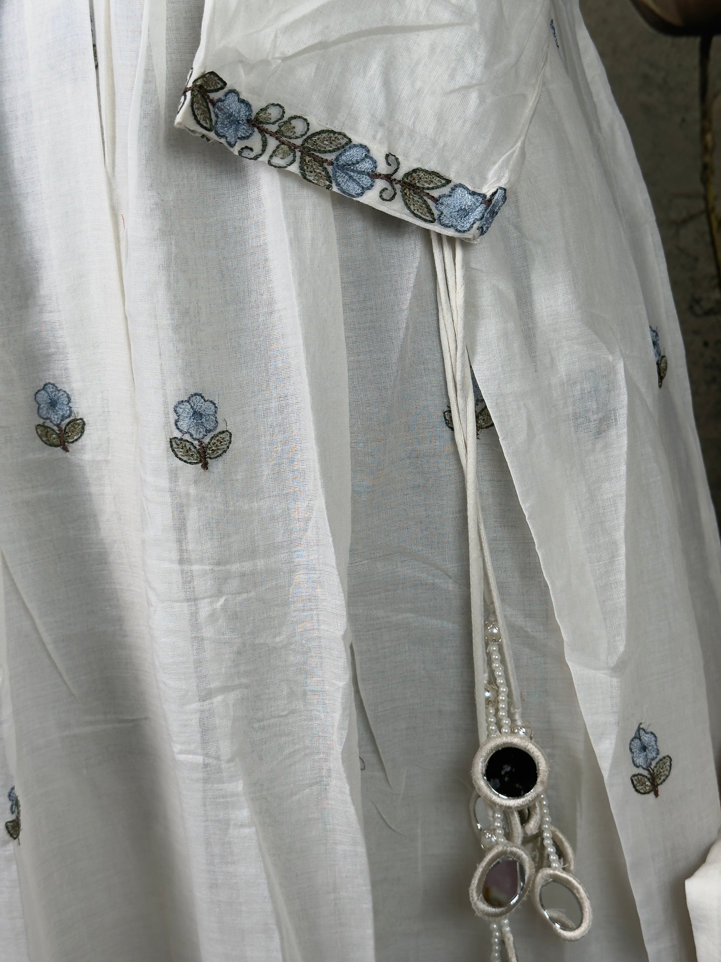 White Pure Mulcotton with allover embroidery Handwork Anarkali Suit – 3 Piece Set