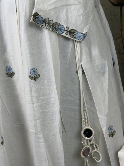 White Pure Mulcotton with allover embroidery Handwork Anarkali Suit – 3 Piece Set