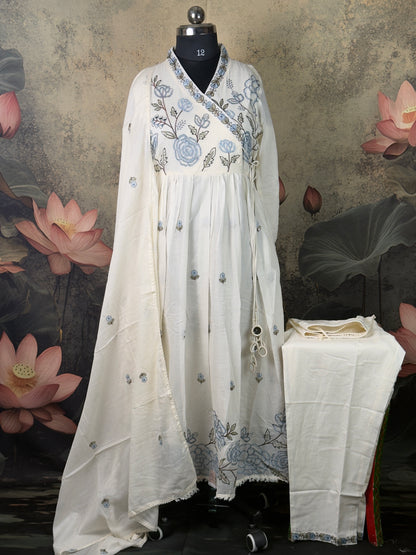 White Pure Mulcotton with allover embroidery Handwork Anarkali Suit – 3 Piece Set