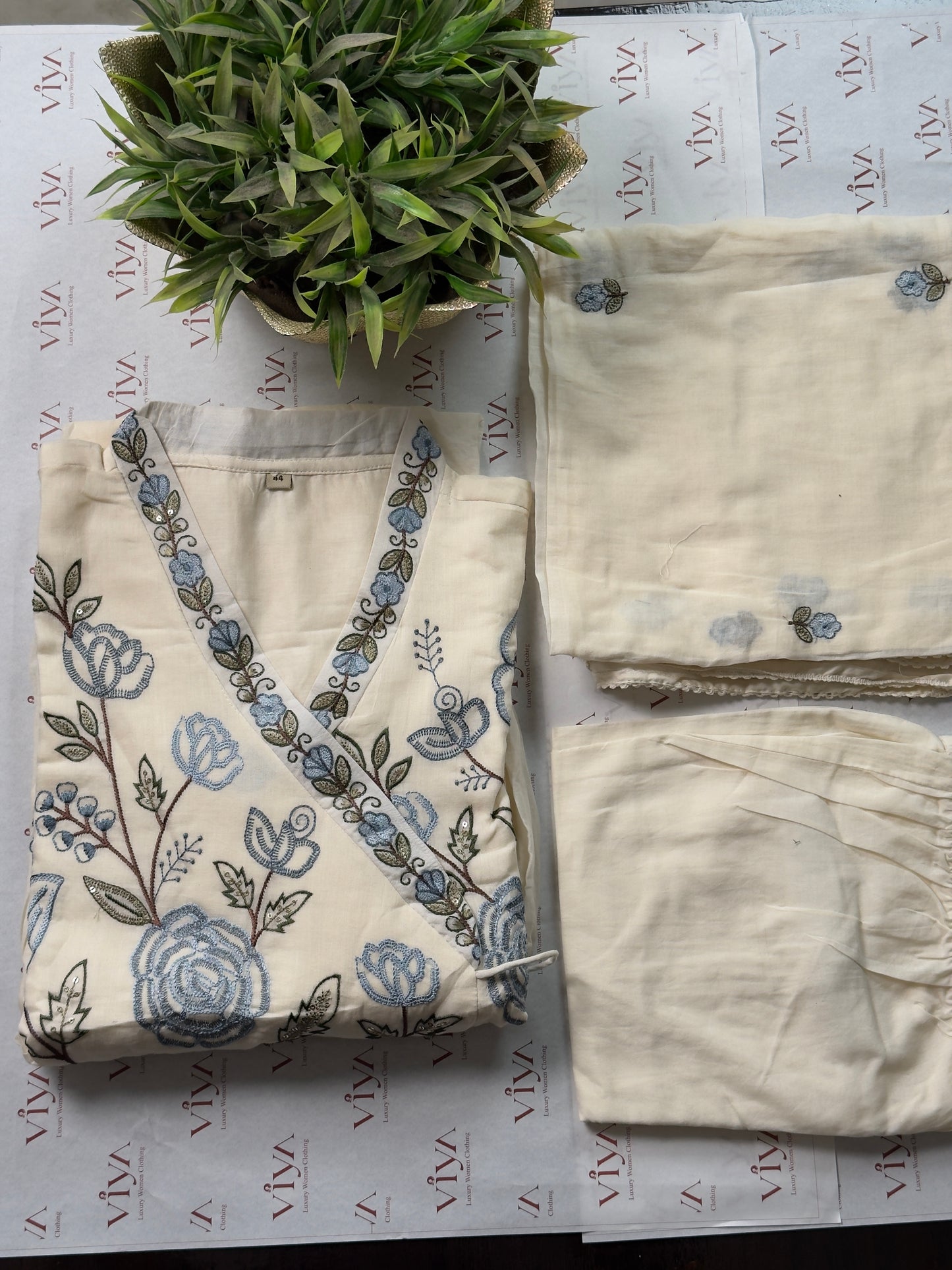 White Pure Mulcotton with allover embroidery Handwork Anarkali Suit – 3 Piece Set